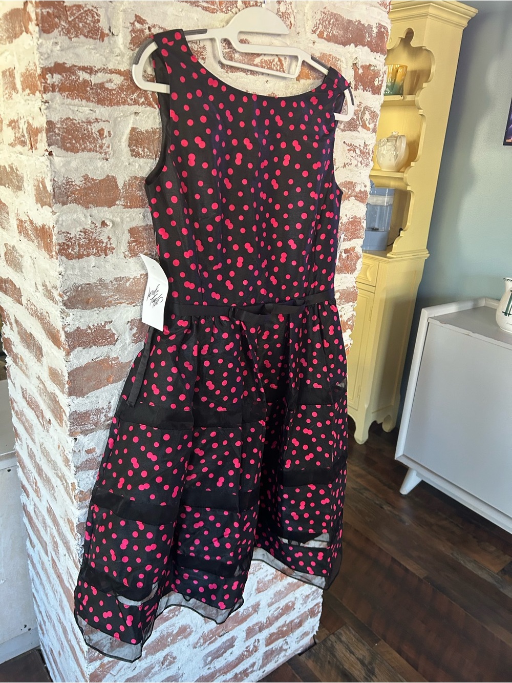 NWT TAYLOR Patterned & Striped Midi Dress with Pink Dots, Lined, w/Taffeta Under - Picture 4 of 16